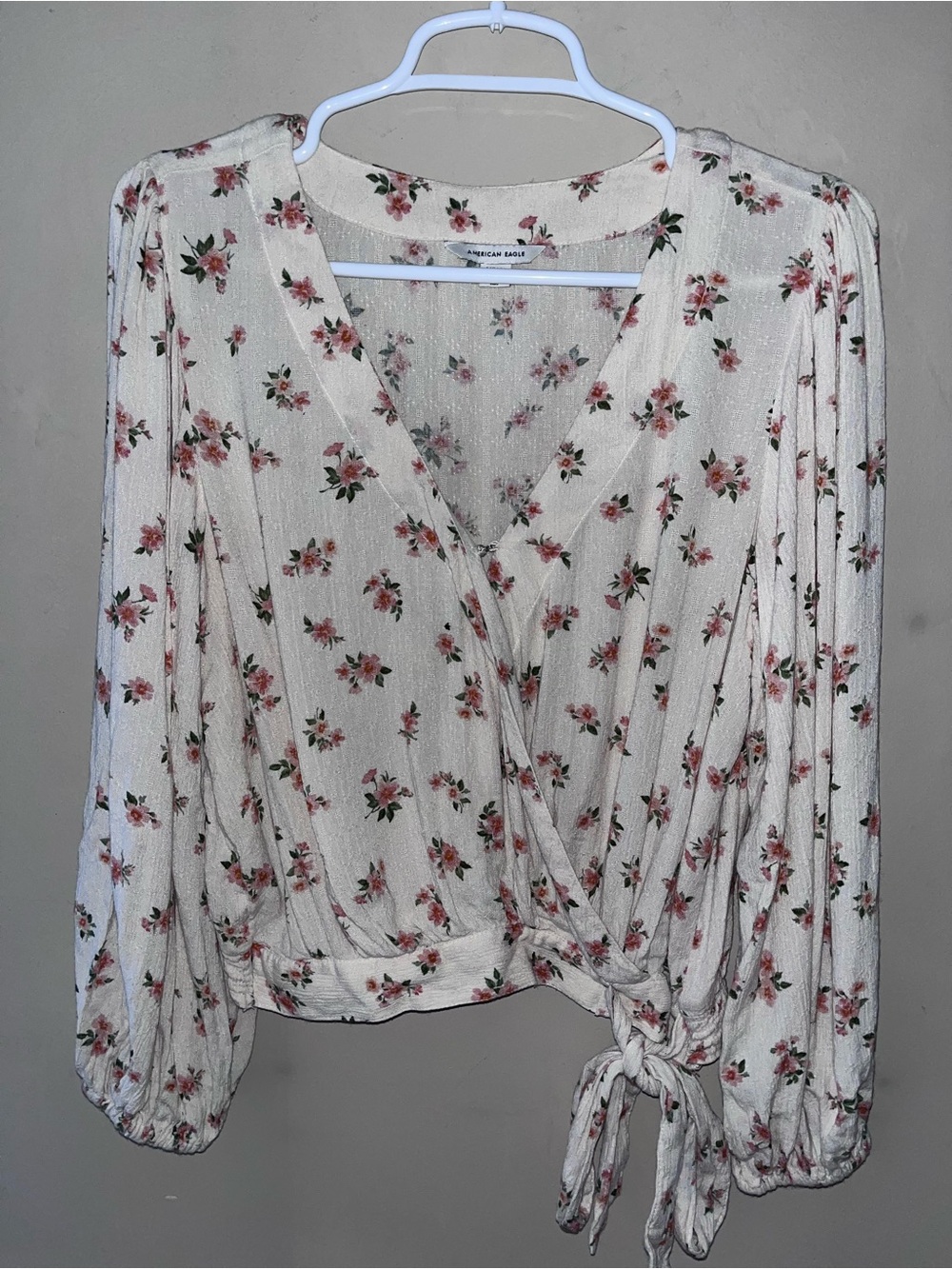 American Eagle Outfitters Cream Floral Wrap Blouse with Pink Rose Print